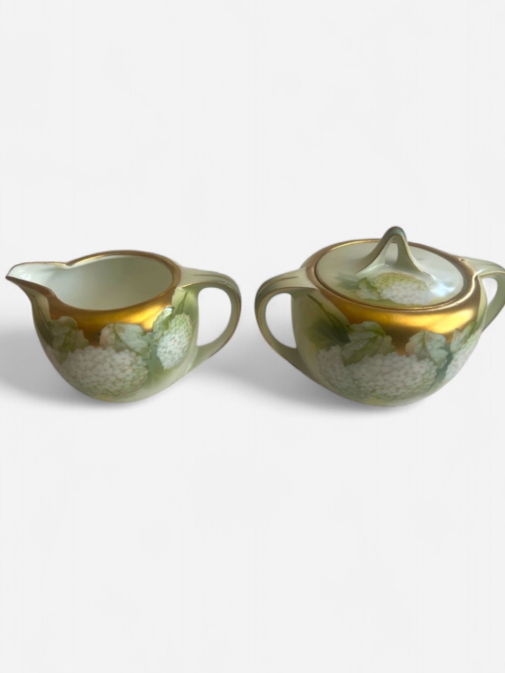 Reinhold Schlegelmilch Tillowitz Germany cream and sugar set with hydrangeas